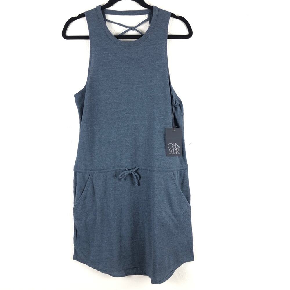 Chaser Blue Triblend Jersey Criss Cross Drape Back Pockets Shirttail Mini Dress
